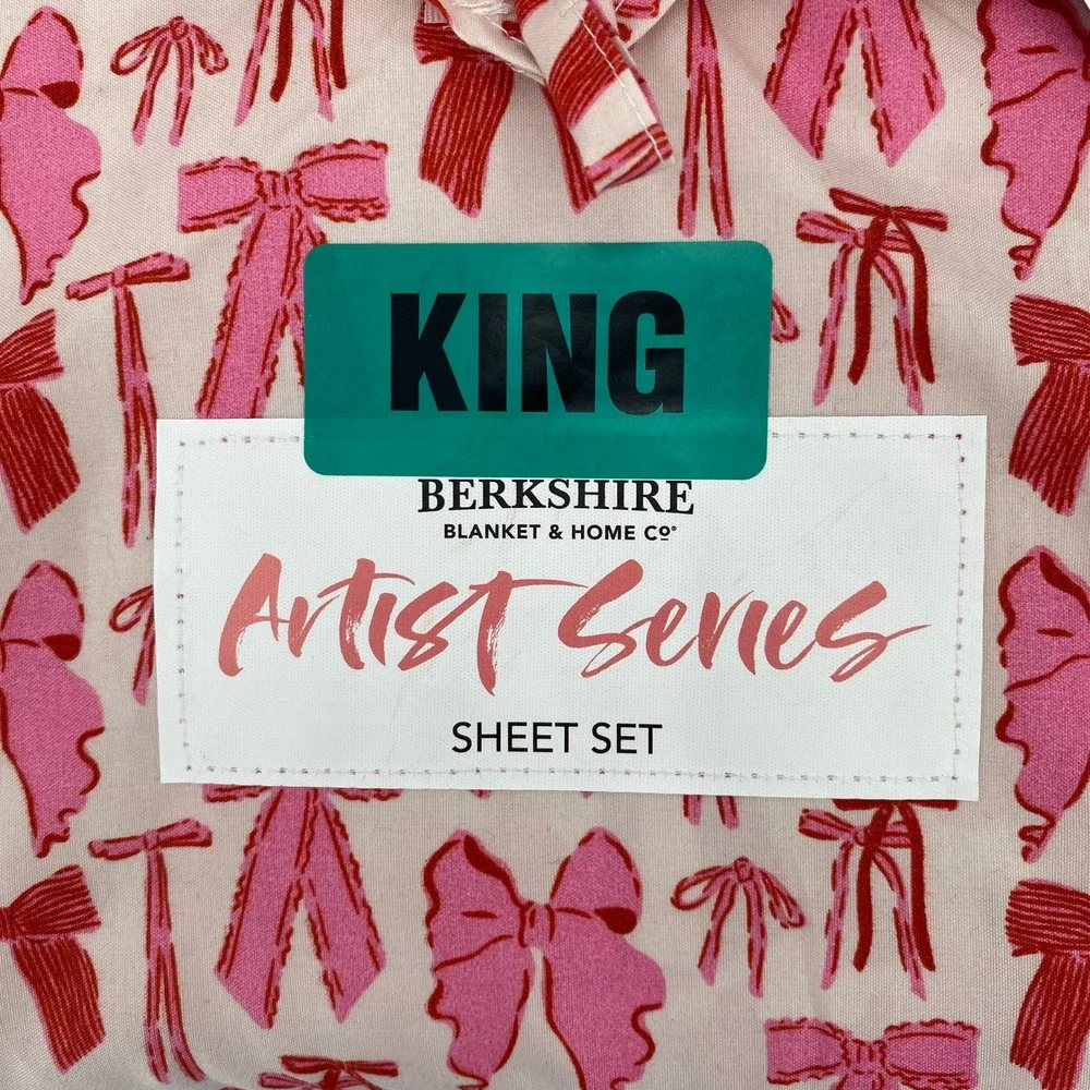 Berkshire Sheet Set KING Artist Series Pink Red Bow Ribbon Krissy Mast Whimsical